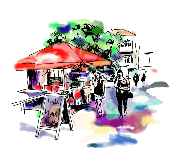 Original digitale Skizze Aquarell von kyiv Straßencafé mit peop — Stockvektor