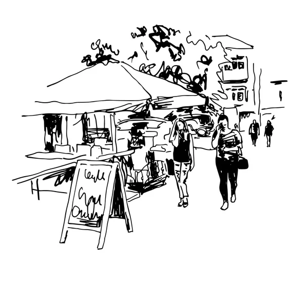 Boceto digital en blanco y negro original de la cafetería callejera con peop — Archivo Imágenes Vectoriales