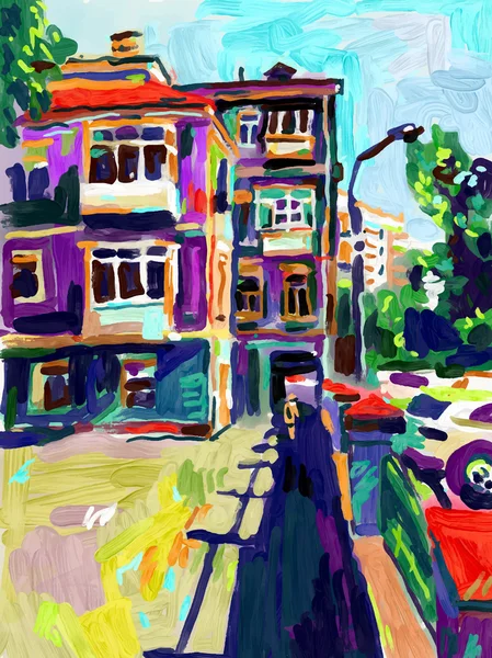 Pintura a óleo digital original do ar do plein, rua velha da cidade no summ —  Vetores de Stock