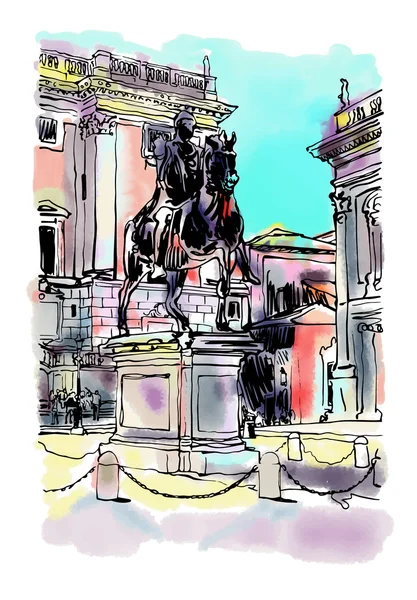 彫刻eqとローマイタリアの都市景観のスケッチデジタル図面 — ストックベクタ