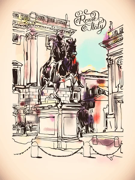 Цифровой рисунок Рима Италия городской пейзаж со скульптурой экв — стоковый вектор