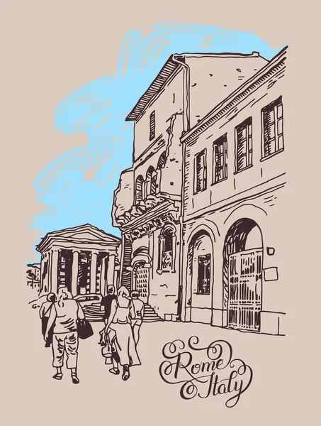 Dibujo digital de la calle Roma, Italia, antiguo edificio imperial italiano — Archivo Imágenes Vectoriales