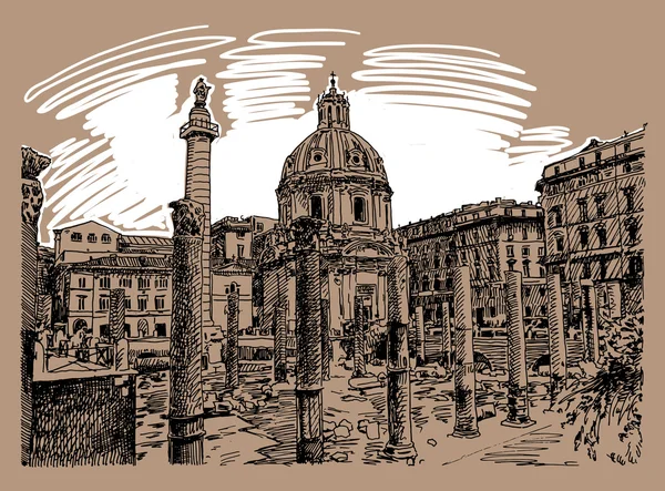로마 이탈리아 유명한 도시 풍경의 원래 스케치 손 그림, tra — 스톡 벡터