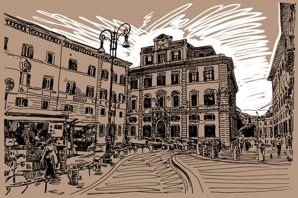 原始素描手绘罗马意大利著名城市景观，特拉 — 图库矢量图片