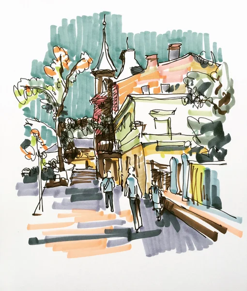 Original hand draw marker sketch of Kyiv building landscape — Stock Photo, Image