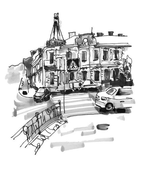 Gambar tangan asli sketsa penanda dari lanskap bangunan Kyiv - Stok Vektor