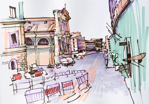 Marker tekening van Rome Italië straat landschap, stedelijke schets — Stockfoto