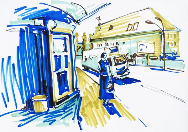 バスステーション、ロアとストリートシティキエフウクライナのマーカー図面 — ストック写真
