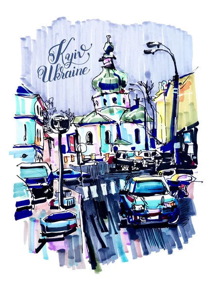 Marqueur original esquisse urbaine sur papier du paysage de Kiev Podol — Image vectorielle