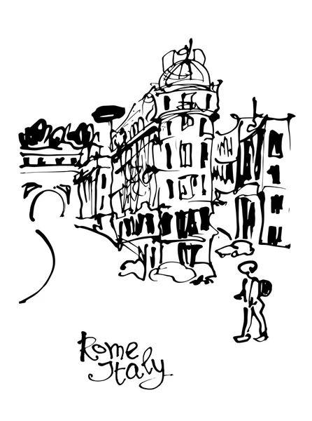Boceto en blanco y negro dibujo a mano de Roma Italia famosa citysca — Vector de stock
