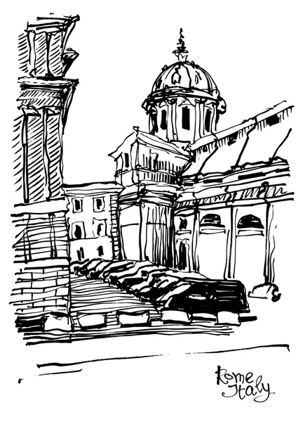 Croquis noir et blanc du paysage urbain de Rome, Italie — Image vectorielle