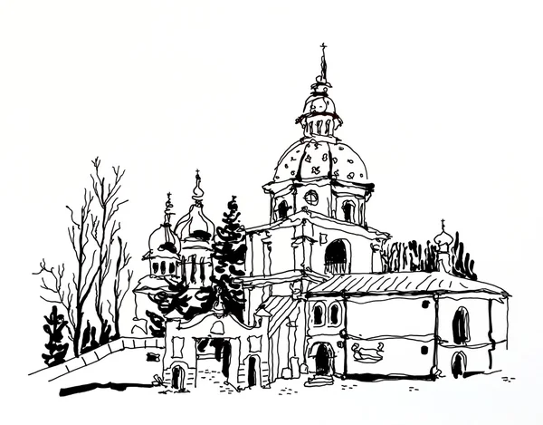 Dibujo en blanco y negro del monasterio de Vydubychi en Kiev Reino Unido —  Fotos de Stock