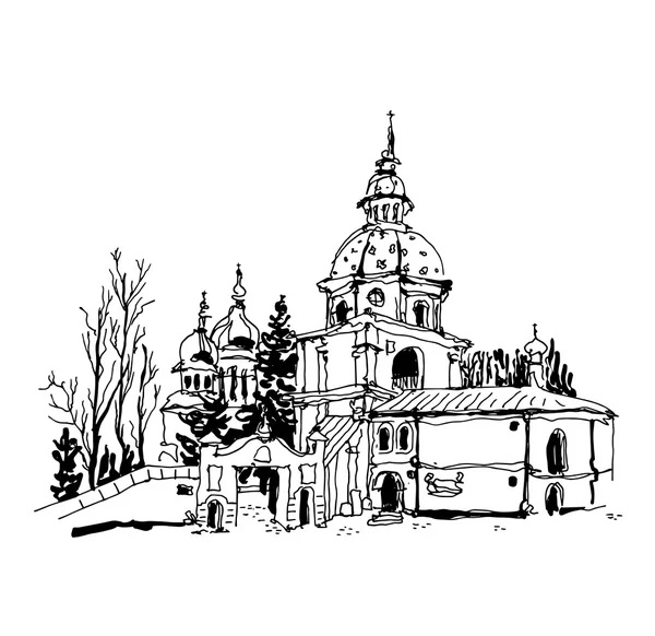 Чорно-білий ескіз креслення Видубичого монастиря в Києві, Великобританія — стоковий вектор