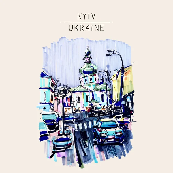 Marcador original esboço urbano sobre papel de Kyiv Podol paisagem wi —  Vetores de Stock