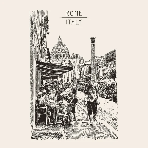Boceto original dibujo a mano de Roma Italia famoso paisaje urbano, tra — Vector de stock