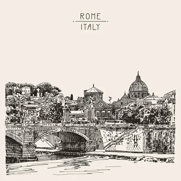 Boceto dibujo de Roma Italia paisaje urbano, tipo de puente en el río — Vector de stock
