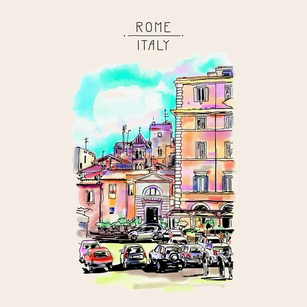 로마 이탈리아에서 원래 자유형 수채화 여행 카드, 오래 — 스톡 벡터