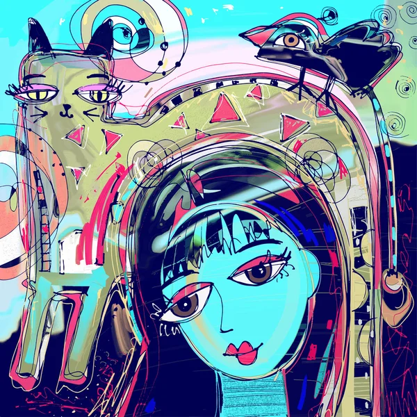 Abstraktní digitální malba dívky s kočkou a ptákem na hlavě, — Stockový vektor