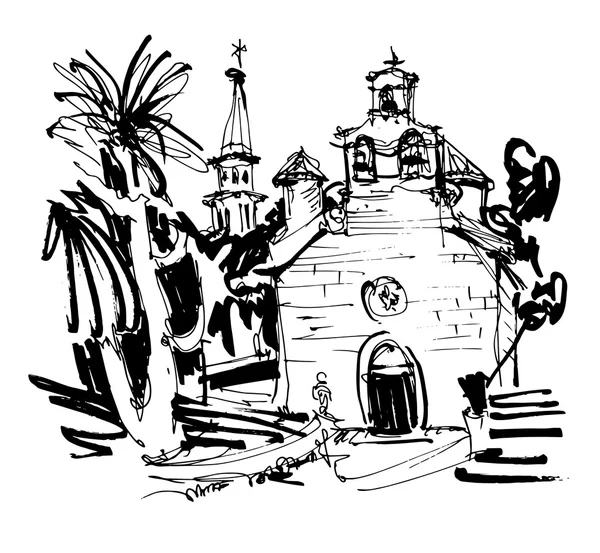 Dibujo de tinta de la iglesia histórica con palmera en Budva Montenegro — Vector de stock