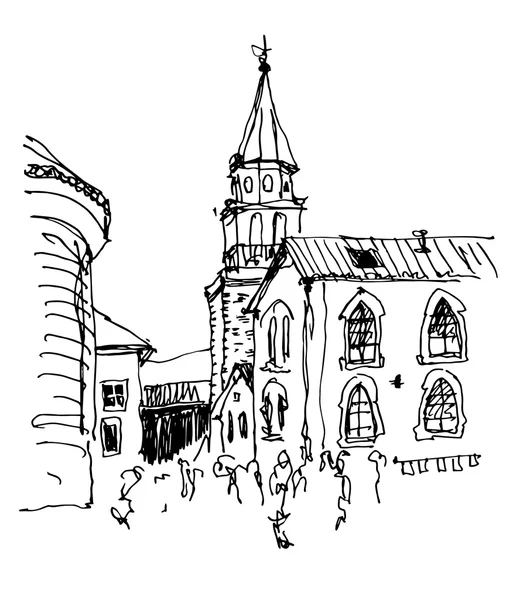 La iglesia campanario vista superior en el casco antiguo de Budva Montenegro — Archivo Imágenes Vectoriales