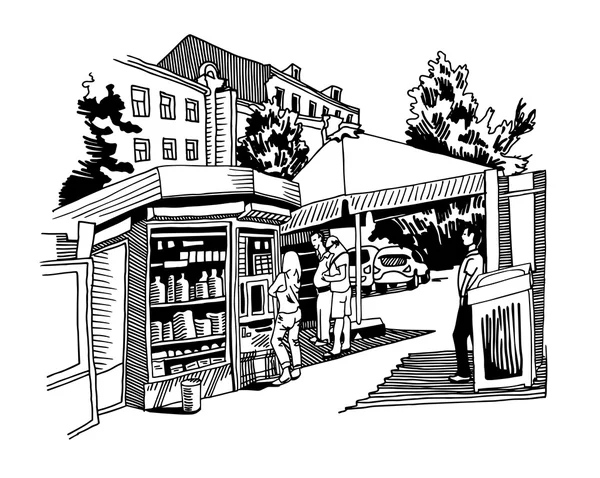Eredeti fekete-fehér digitális vázlatos utcai kávézó Peop — Stock Vector