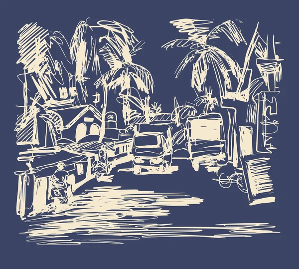 Dibujo digital de la India Goa Calangute Baga paisaje calle, t — Archivo Imágenes Vectoriales