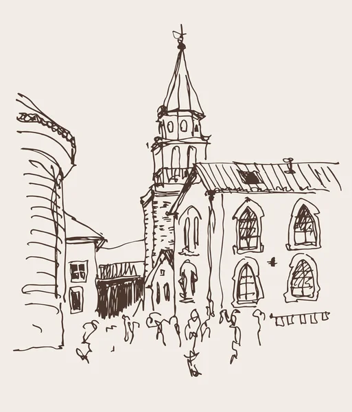 올드 타운 버드의 종탑 교회 꼭대기 보기의 스케치 드로잉 — 스톡 벡터