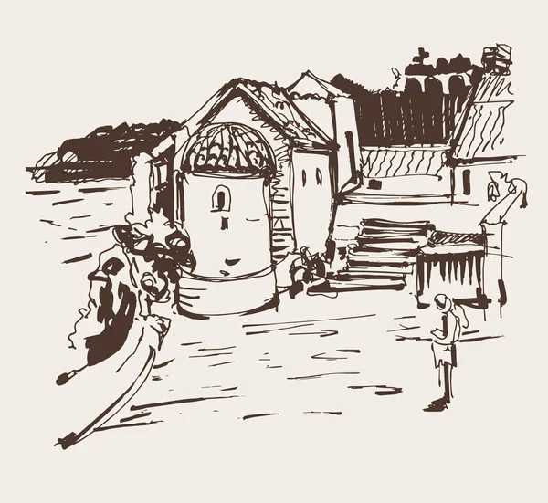 Boceto de tinta sepia dibujo de torre histórica en Budva Montenegro — Vector de stock