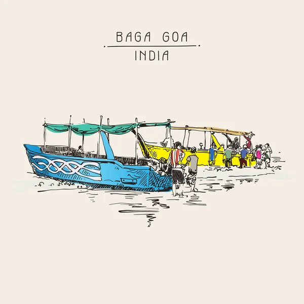 Hindistan Baga Beach kroki iki tekne ile çizim kıyıya, retro sty — Stok Vektör