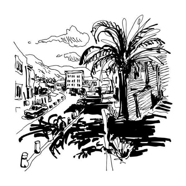 Dibujo en blanco y negro de Petrovac Montenegro calle ingenio — Vector de stock