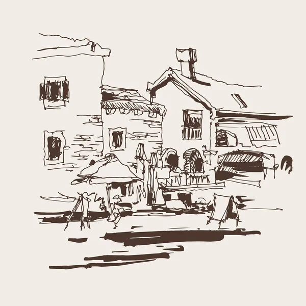 Boceto de tinta sepia dibujo del antiguo fuerte en Petrovac Montenegro — Vector de stock