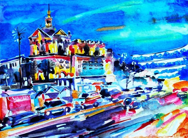 original watercolor painting of night city Kyiv, Ukraine, famous