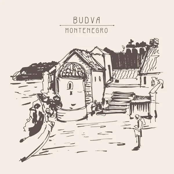 Boceto de tinta sepia dibujo de torre histórica en Budva Montenegro — Vector de stock