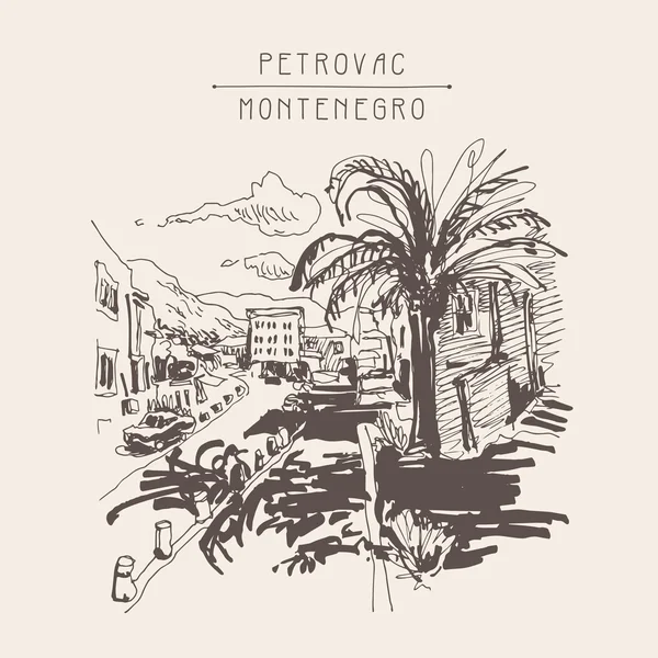 Boceto de sepia dibujo de Petrovac Montenegro calle con palma — Vector de stock