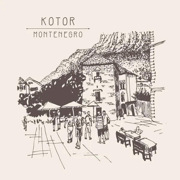 Original sepia sketch drawing of Kotor street - famous place in - Stok Vektor