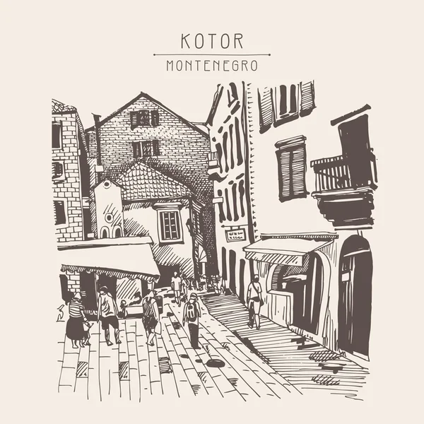 Boceto dibujo de Kotor calle Montenegro, vintage turístico pos — Vector de stock