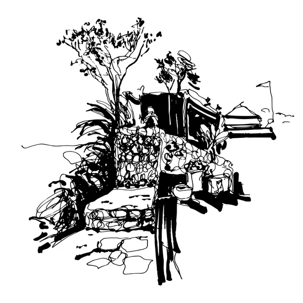 Croquis noir et blanc de Budva Monténégro vue forteresse — Image vectorielle