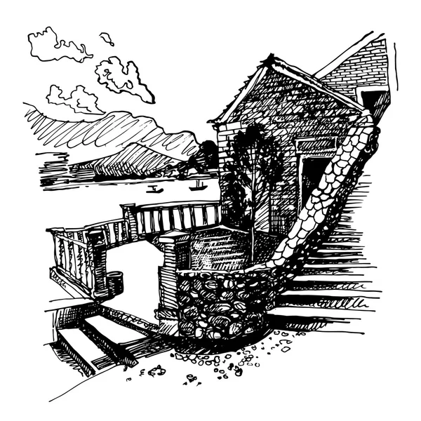 페트로바크 몬테네그로의 고대 요새의 잉크 스케치 드로잉 — 스톡 벡터