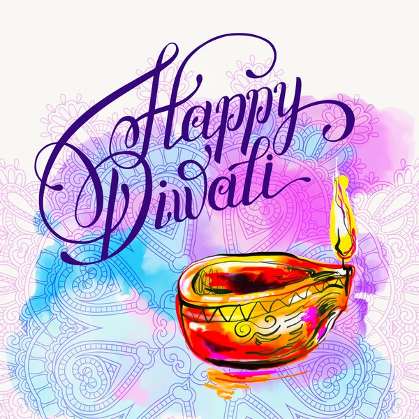 Buon Diwali acquerello biglietto di auguri al festival del fuoco indiano wi — Vettoriale Stock