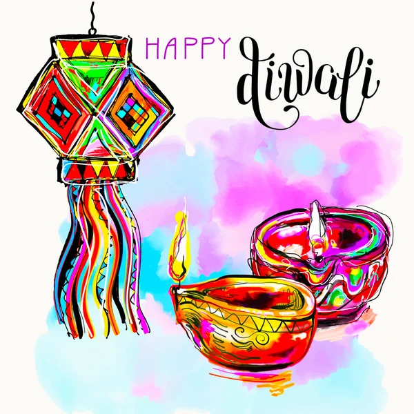 Happy Diwali cartão de saudação aquarela para o festival de fogo indiano wi — Vetor de Stock