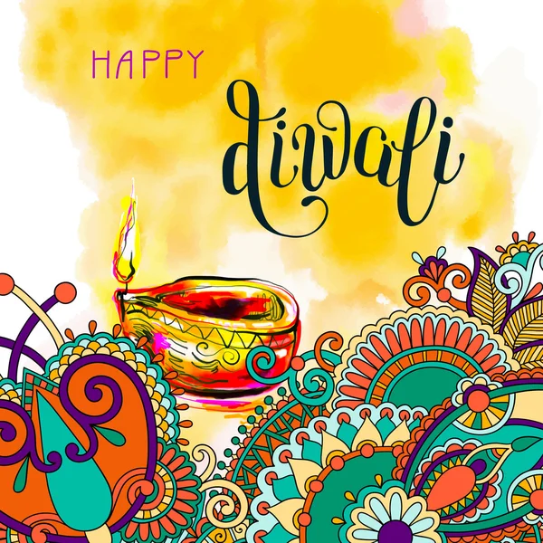 Tarjeta de felicitación de acuarela Diwali feliz al festival de fuego indio wi — Vector de stock