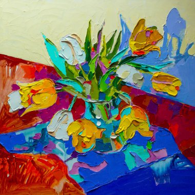 original oil painting, still life with tulip, spring flower.  Mo clipart