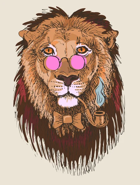 Obra de arte de tubo de fumar león hipster en gafas de color rosa, sketch dra — Vector de stock