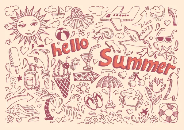 안녕하세요 s 글자와 스케치 디자인 요소 여름 테마의 설정 — 스톡 벡터