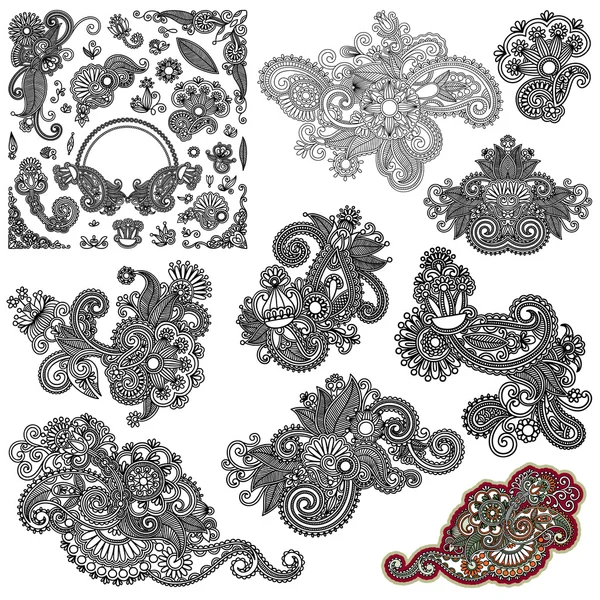 Colección de diseño de flores ornamentadas de arte de línea negra, étnica ucraniana — Vector de stock