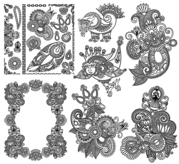 Colección de diseño de flores ornamentadas de arte de línea negra, étnica ucraniana — Vector de stock