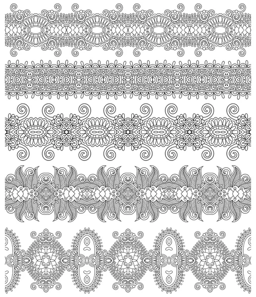 Collection of seamless ornamental floral stripes, black and whit — Stock Vector