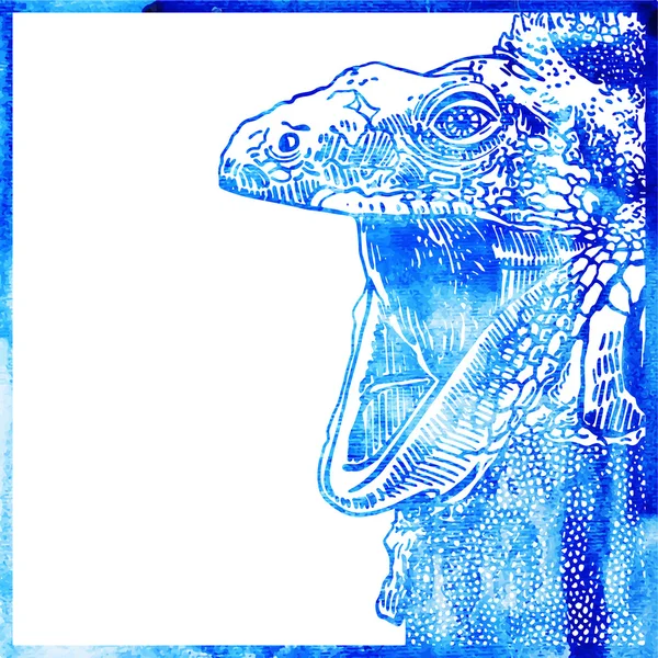 Acuarela fondo animal en un color azul, cabeza de lagarto ingenio — Vector de stock