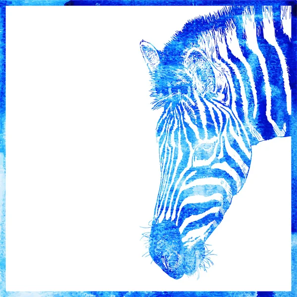 Acuarela fondo animal en un color azul, cabeza de cebra, vec — Vector de stock