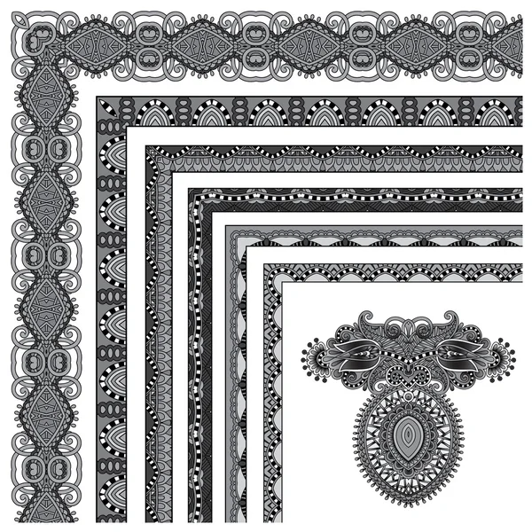 Grey set of seamless ornamental floral stripes, black and white — Stock Vector